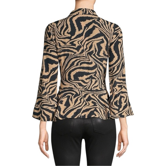 GANNI | Tiger-Print Wrap Blouse | Long Sleeve Tie Waist Tan Black  Top | 36 US 4 - Picture 2 of 8